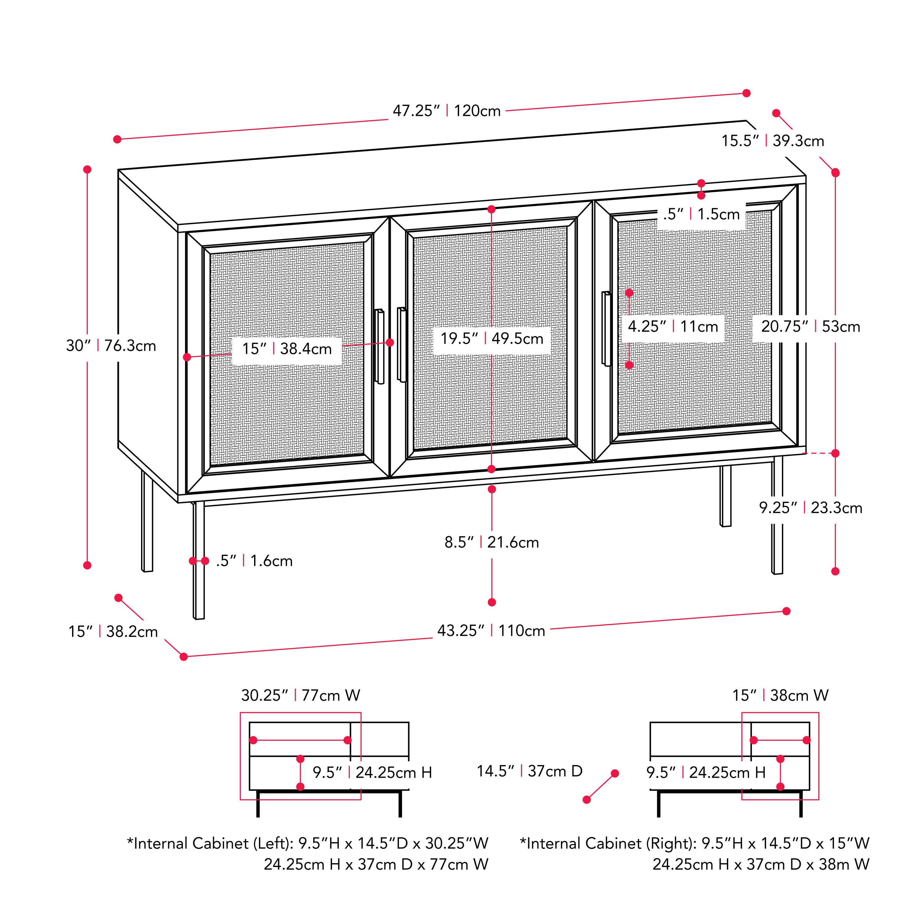 The text on the image is already grouped and correctly labeled. It provides dimensions and measurements for the cabinet, including the internal cabinet dimensions for both the left and right sides.
