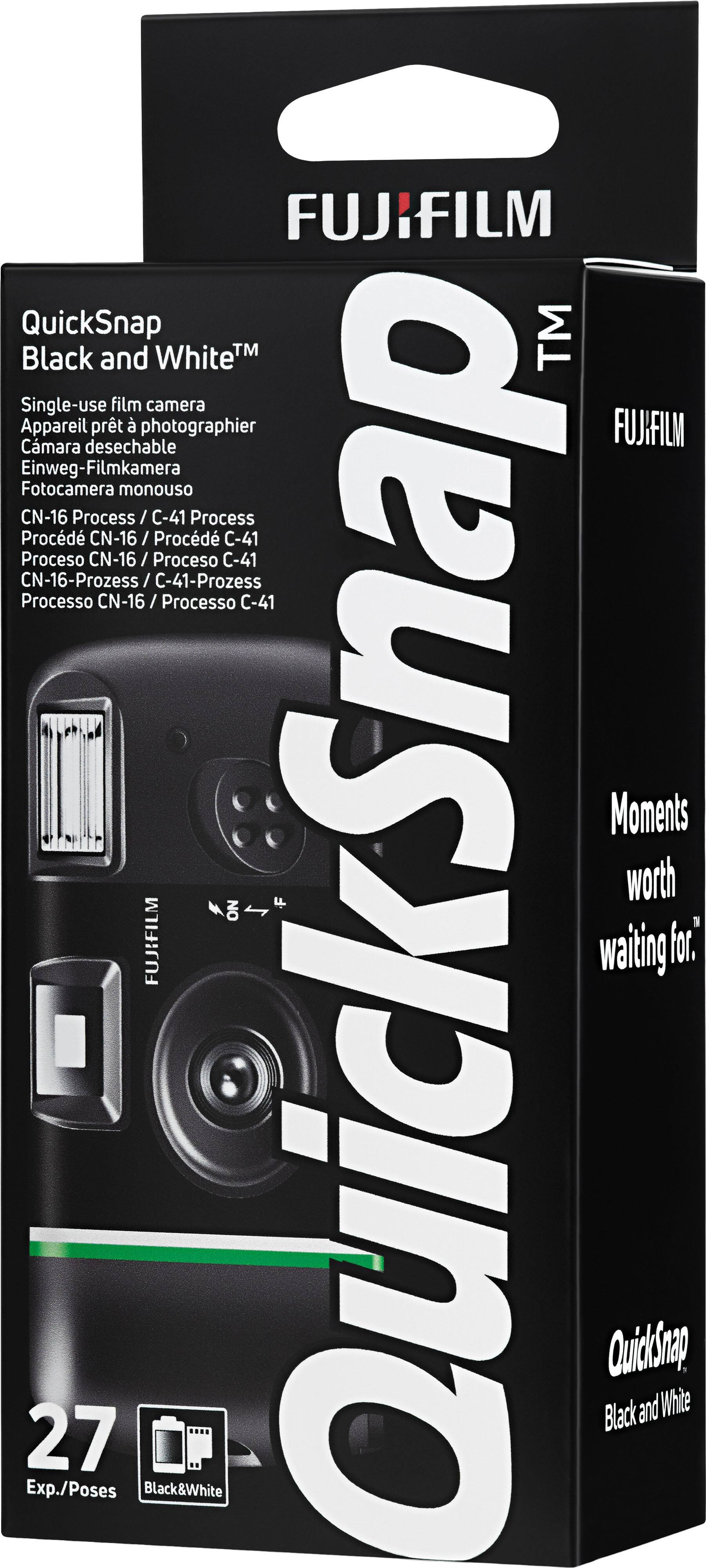 FUJIFILM QuickSnap™ Black and White™ Single-use film camera  
Appareil photo photographier FUJIFILM Cmara desechable Einweg-Filmkamera Fotocamera monouso  
CN-16 Process/ C-41 Process Procd CN-16 / Procd C-41 Proceso CN-16 / Proces C-41 CN-16-Prozess / C-41-Prozess Processo CN-16 16 / Processo C-41  
Moments worth waiting for.  
27 Exp./Poses Black&White