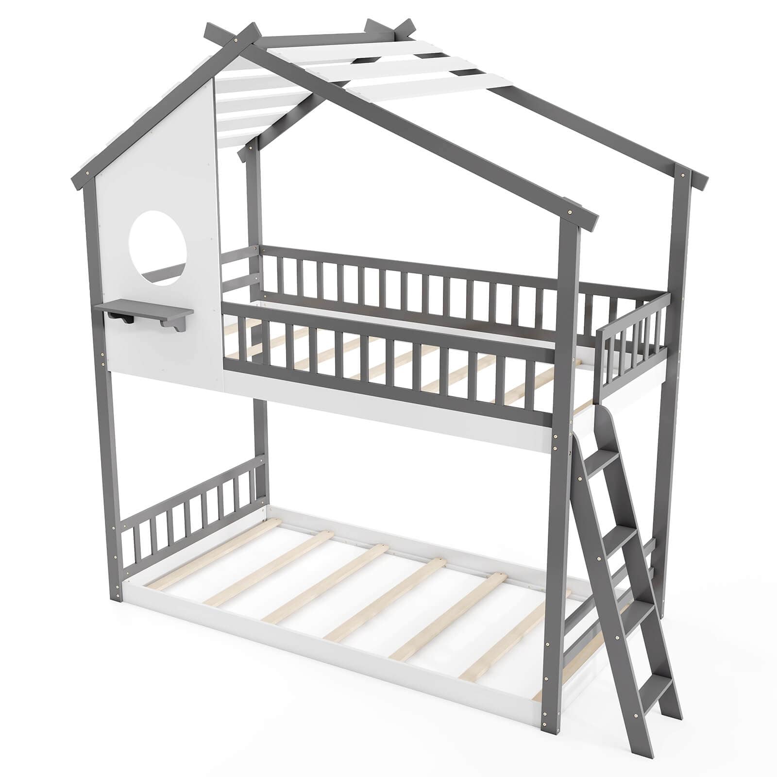 Costway - Twin over Twin House Bunk Bed with Roof Ladder & Full-length Guardrails for Kids - White & Gray