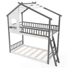 Costway - Twin over Twin House Bunk Bed with Roof Ladder & Full-length Guardrails for Kids - White & Gray