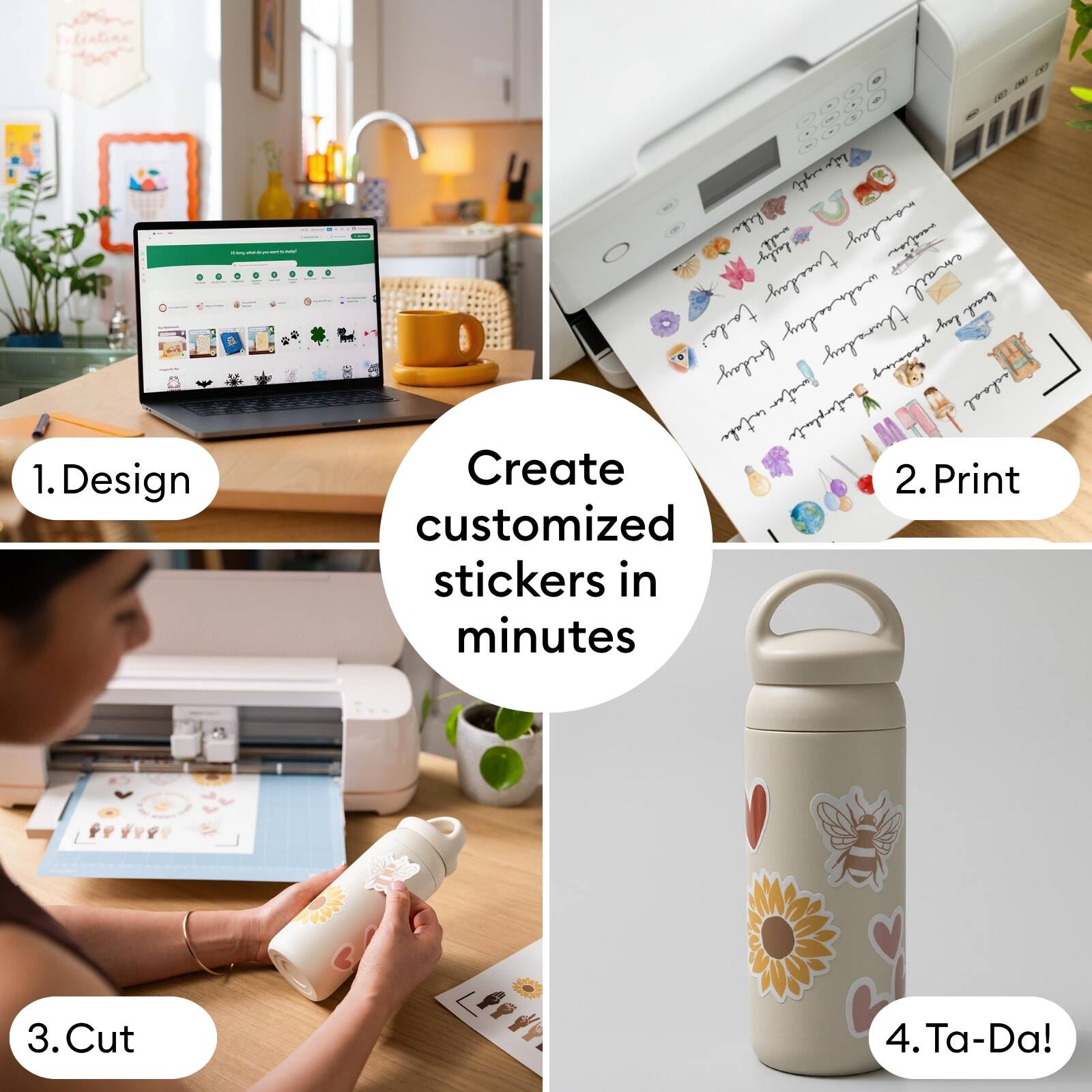 1. Design  
2. Print  
3. Cut  
4. Ta-Da!  

Create customized stickers in minutes