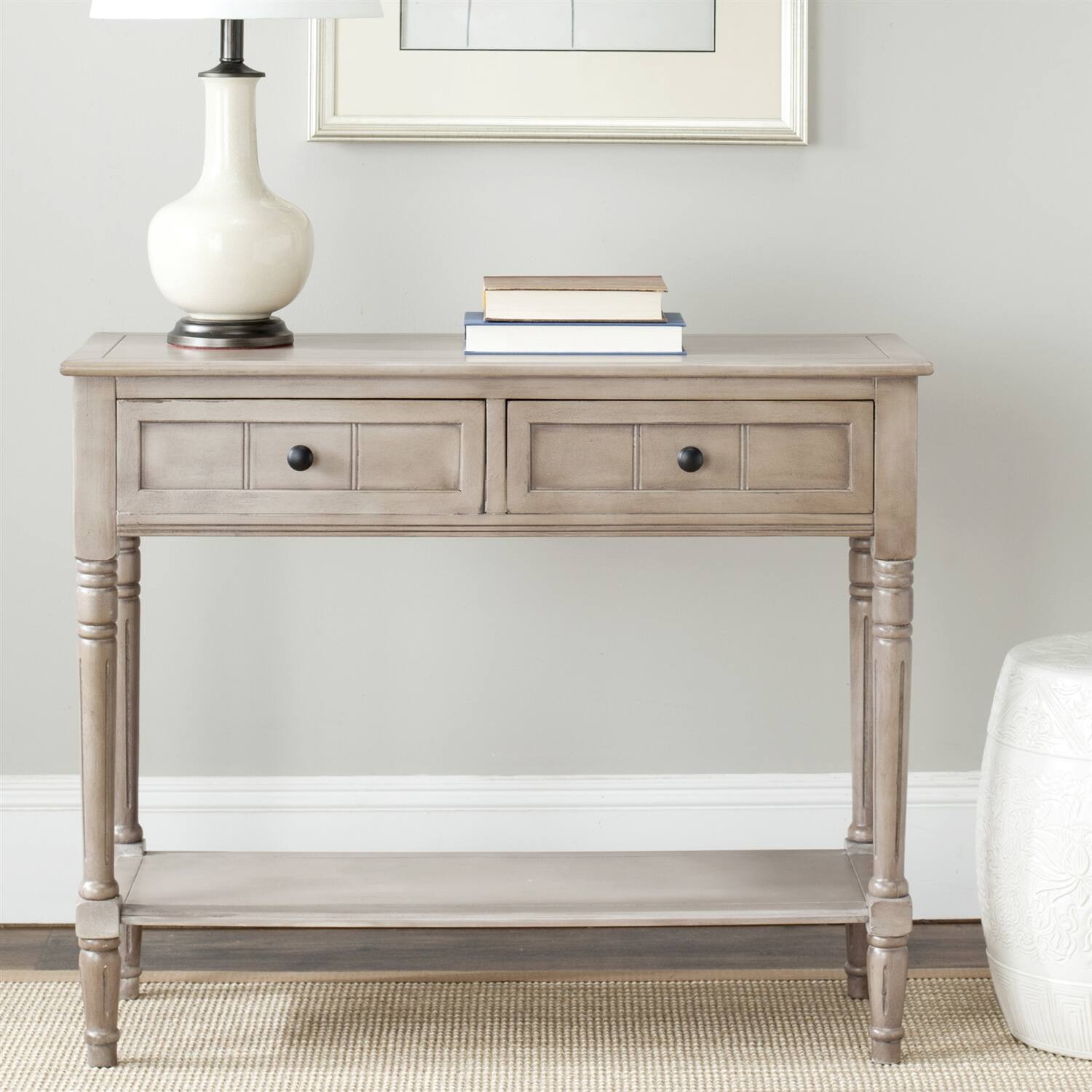 Left. Hivvago - Console Accent Table Traditional Style Sofa Table in Distressed Cream - Oak.