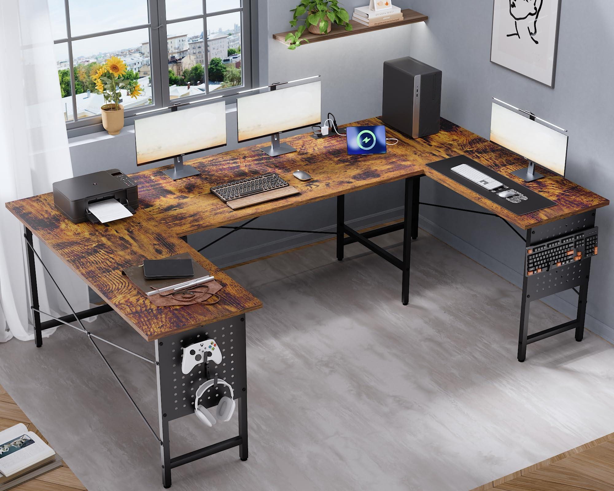 Hirose Alice - Pamray nch Large Computer Desk with Power Outlets,U Shaped Corner Desk for Home Office Work and Gaming - Vintage 71 inch