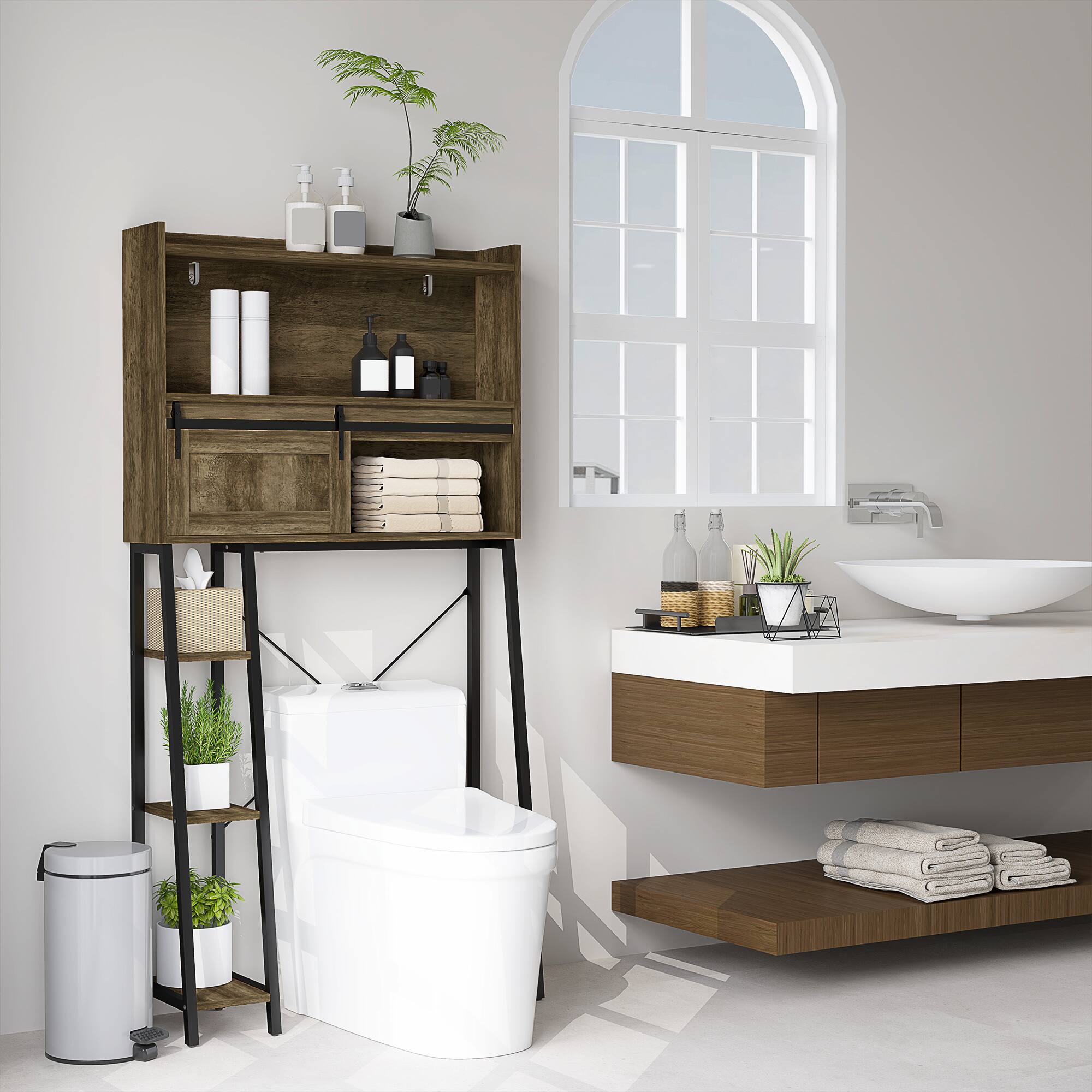 Alt View 1. Homcom - Over the Toilet Storage Cabinet, Freestanding Over Toilet Bathroom Organizer with Sliding Door - Brown.