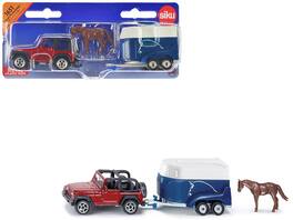 Jeep Red with Horse Trailer Blue and Horse Accessory Diecast Model by Siku - Multicolor
