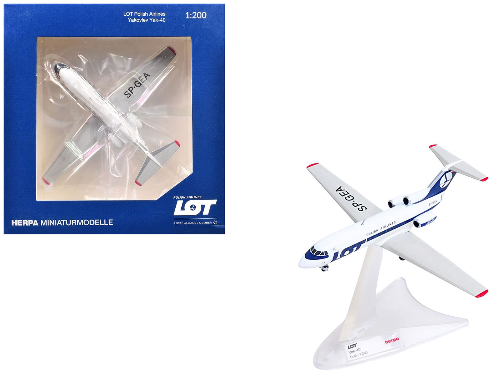 Herpa - Yakovlev Yak-40 Commercial Aircraft "LOT Polish Airlines" (SP-GEA) Stripes and Tail 1/200 - White with Blue