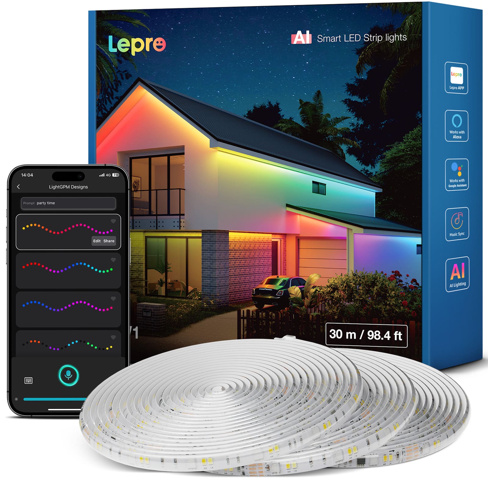 Lepro  
AI Smart LED Strip lights  
Lepro APP  
Works with Alexa  
14:04  
LightGPM Designs  
all 4G 12  
Works with Google Assistant  
Prompt party time  
Edit Share  
Music Sync  
AI Lighting  
30 m / 98.4 ft