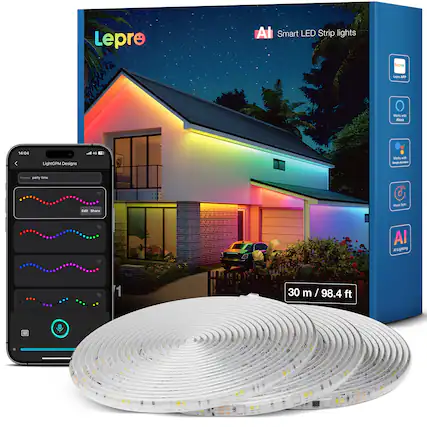 Lepro
AI Smart LED Strip lights
Lepro APP
Works with Alexa
14:04
LightGPM Designs
all 4G 12
Works with Google Assistant
Prompt party time
Edit Share
Music Sync
AI Lighting
30 m / 98.4 ft