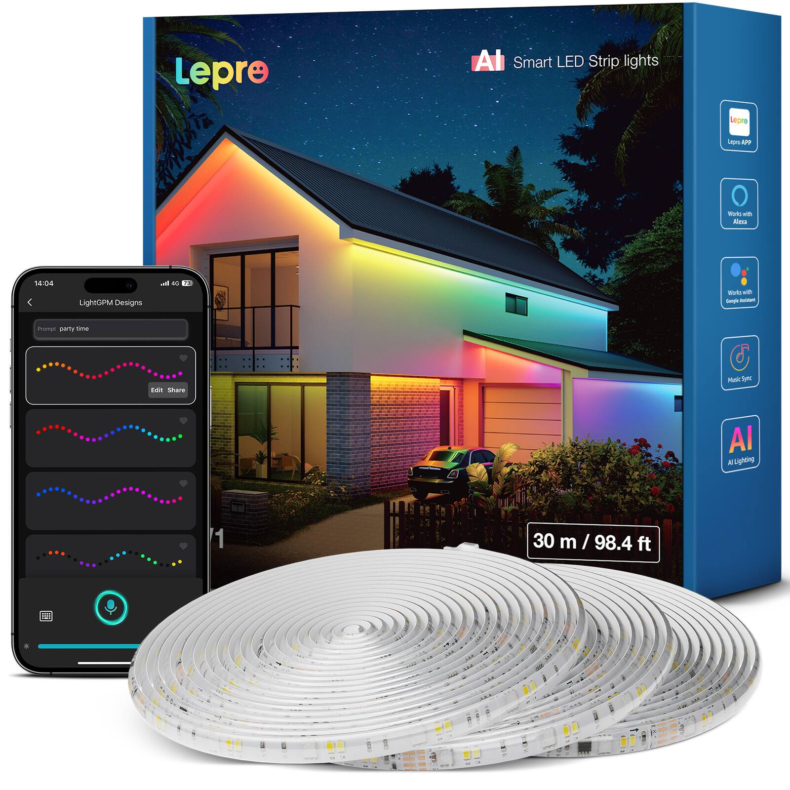 Lepro  
AI Smart LED Strip lights  
Lepro APP  
Works with Alexa  
14:04  
LightGPM Designs  
all 4G 12  
Works with Google Assistant  
Prompt party time  
Edit Share  
Music Sync  
AI Lighting  
30 m / 98.4 ft