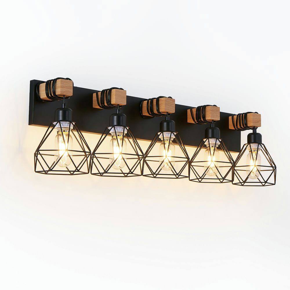 Angle. Kadyn - 31" Modern Geometric 5-Light Vanity Light Fixture with Black Metal, Wooden Accents and Cage Lampshade, Black - Black.