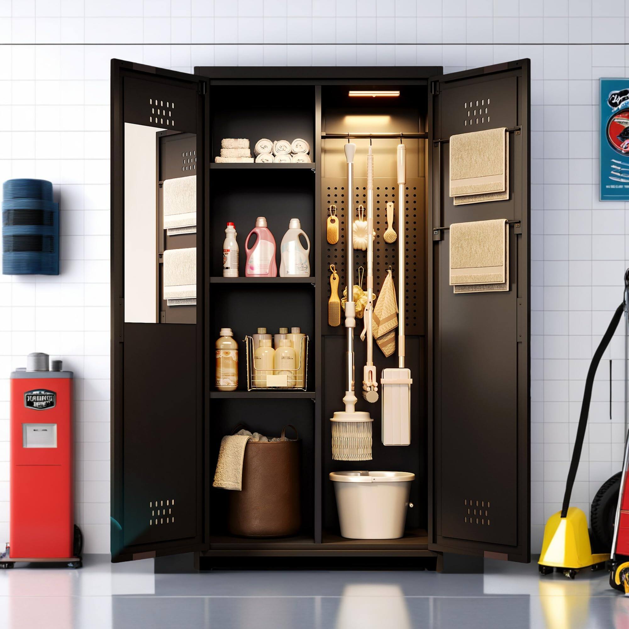 Alt View 5. Cedar Assembly - YITAHOME 71 Metal Garage Broom Cabinets with Adjustable Shelves, Vacuum Storage Cabinet with Doors and Dra... - Default.