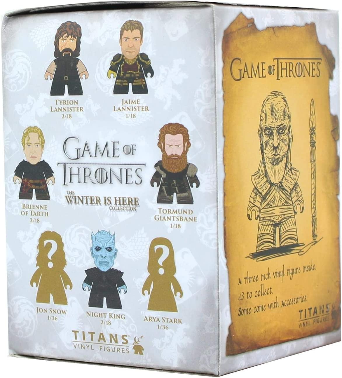 GAME OF THRONES TYRION LANNISTER 2/18 JAIME LANNISTER 1/18 GAME OF THRONES THE WINTER IS HERE BRIENNE OF TARTH 2/18 TORMUND GIANTSBAINE 1/18 JON SNOW 1/36 NIGHT KING 2/18 ARYA STARK 1/36 TITANS VINYL FIGURES Figure msidle A Three inch vinyl figure inside. 13 to collect. Some come with accessories.