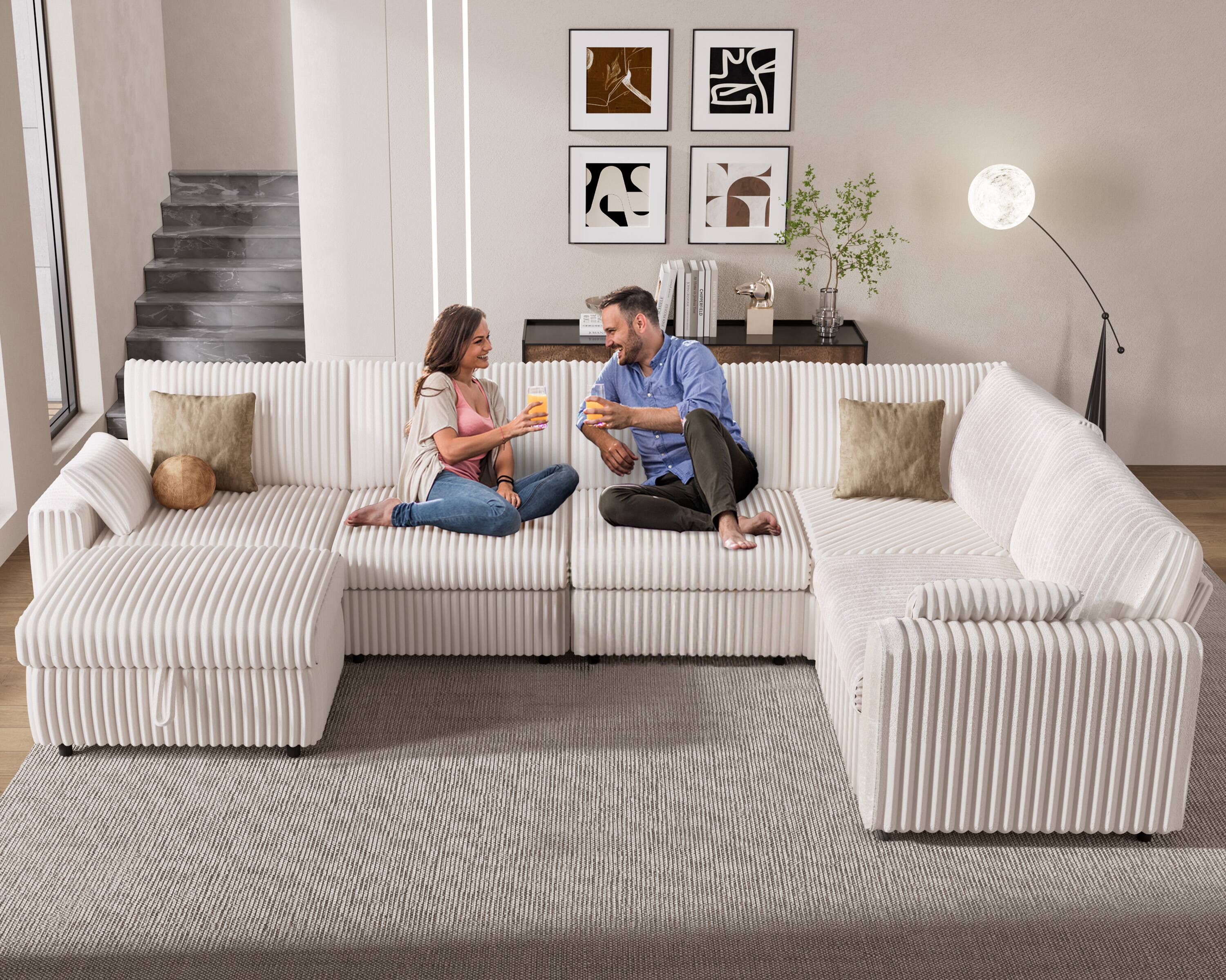 Left. Vipbear - 161.5" Modern Oversized Modular Sectional Sofa with Storage ottoman, Plush Corduroy Fabric,Tool-Free Assembly - White.
