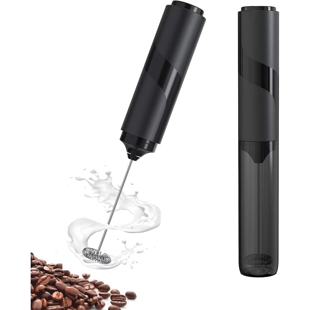 ACJPR - Handheld Milk Frother with Cover, Battery Operated, 14,000 RPM Stainless Steel Whisk for Coffee, Latte, Matcha, Hot Choc - Black