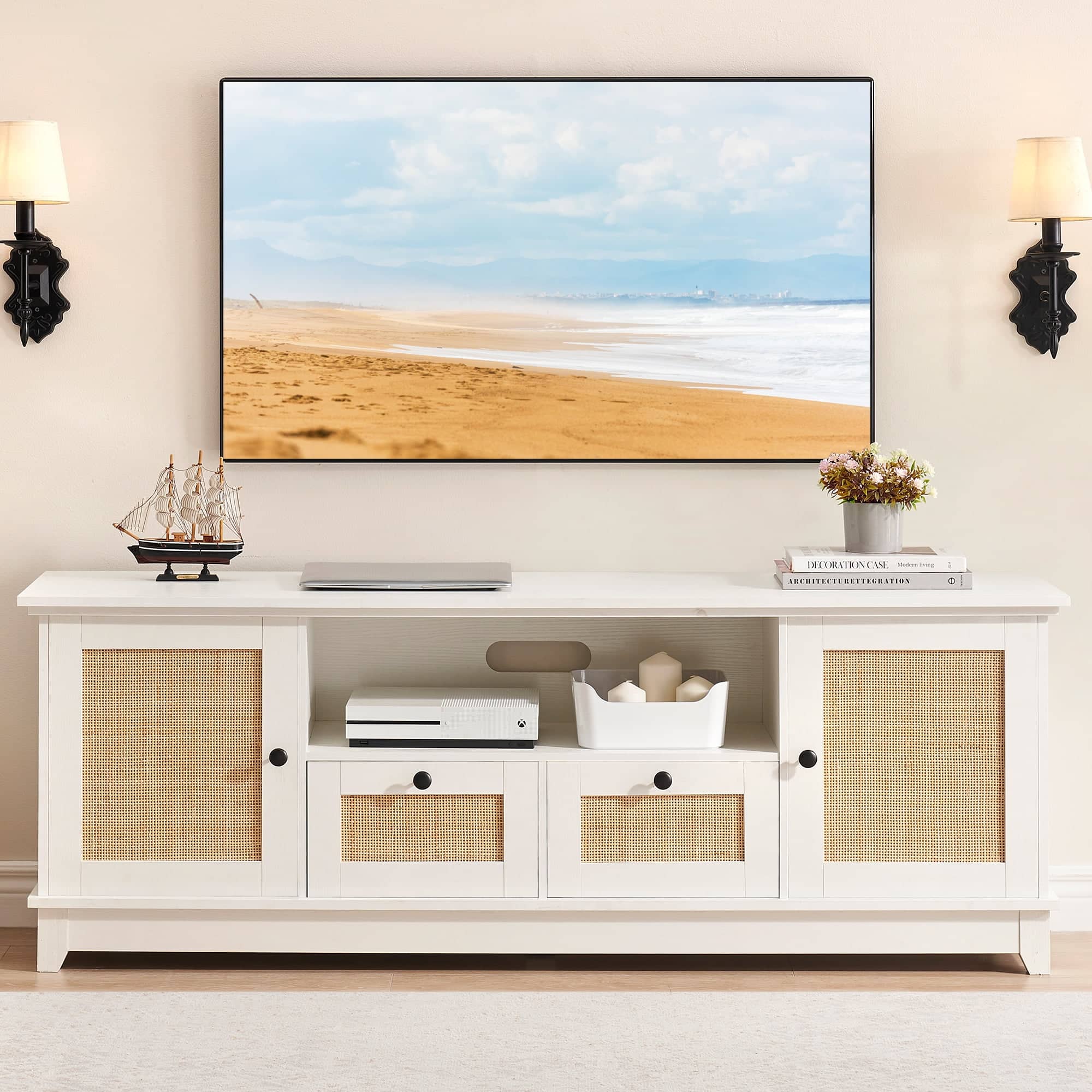 Homhougo - Rattan TV Stand for 65+ Inch TV, Stylish Console Cabinet with Mesh Door for Living Room - White