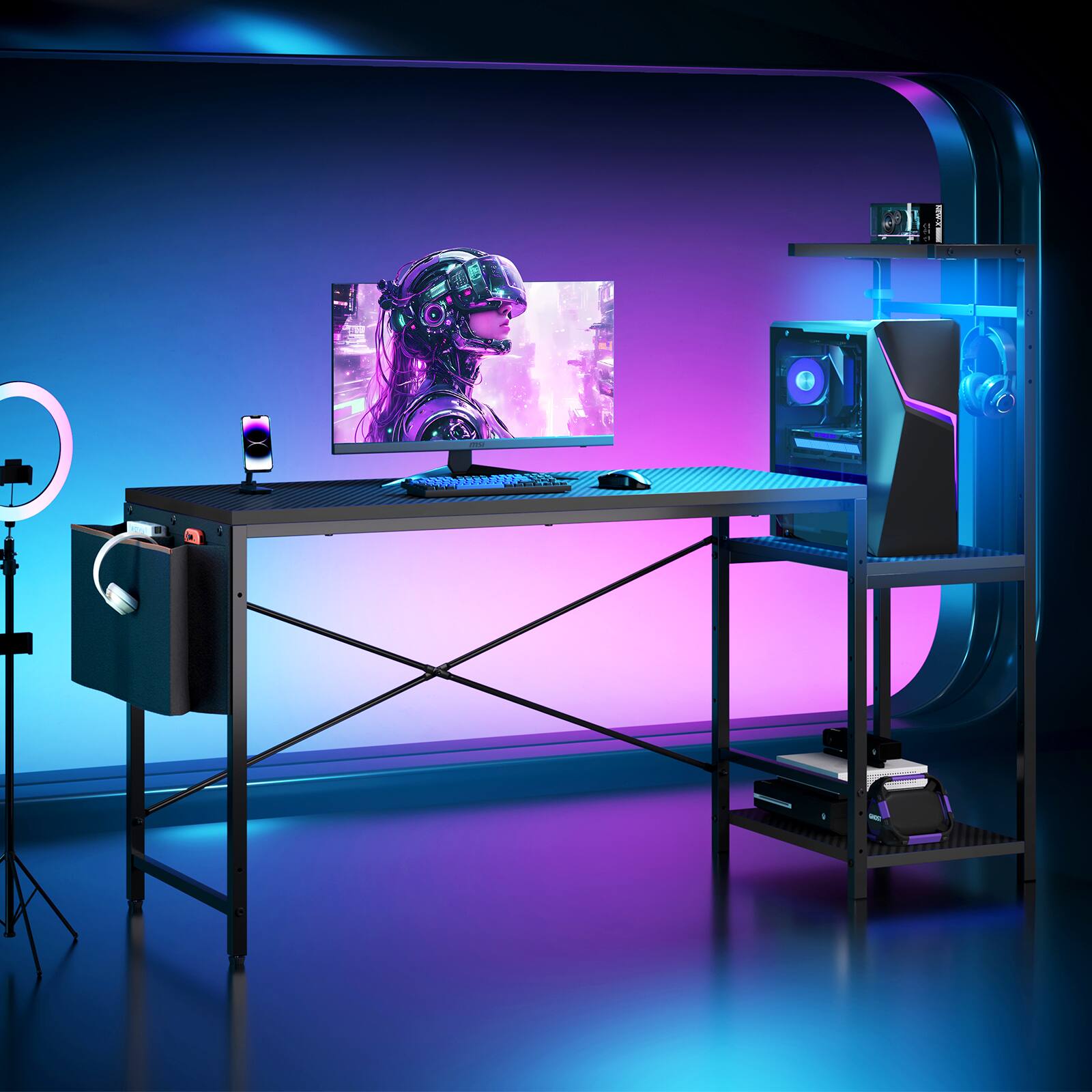 Left. RSPGAME - 60'' Gaming Desk with Monitor Shelf & Storage Drawer, Ergonomic LED Lights Computer Desk for Home Office - Black.