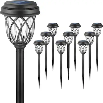Front. United Stationers - Solar Garden Pathway 10 Pack Solar-Powered Yard Lights for Driveway - White.