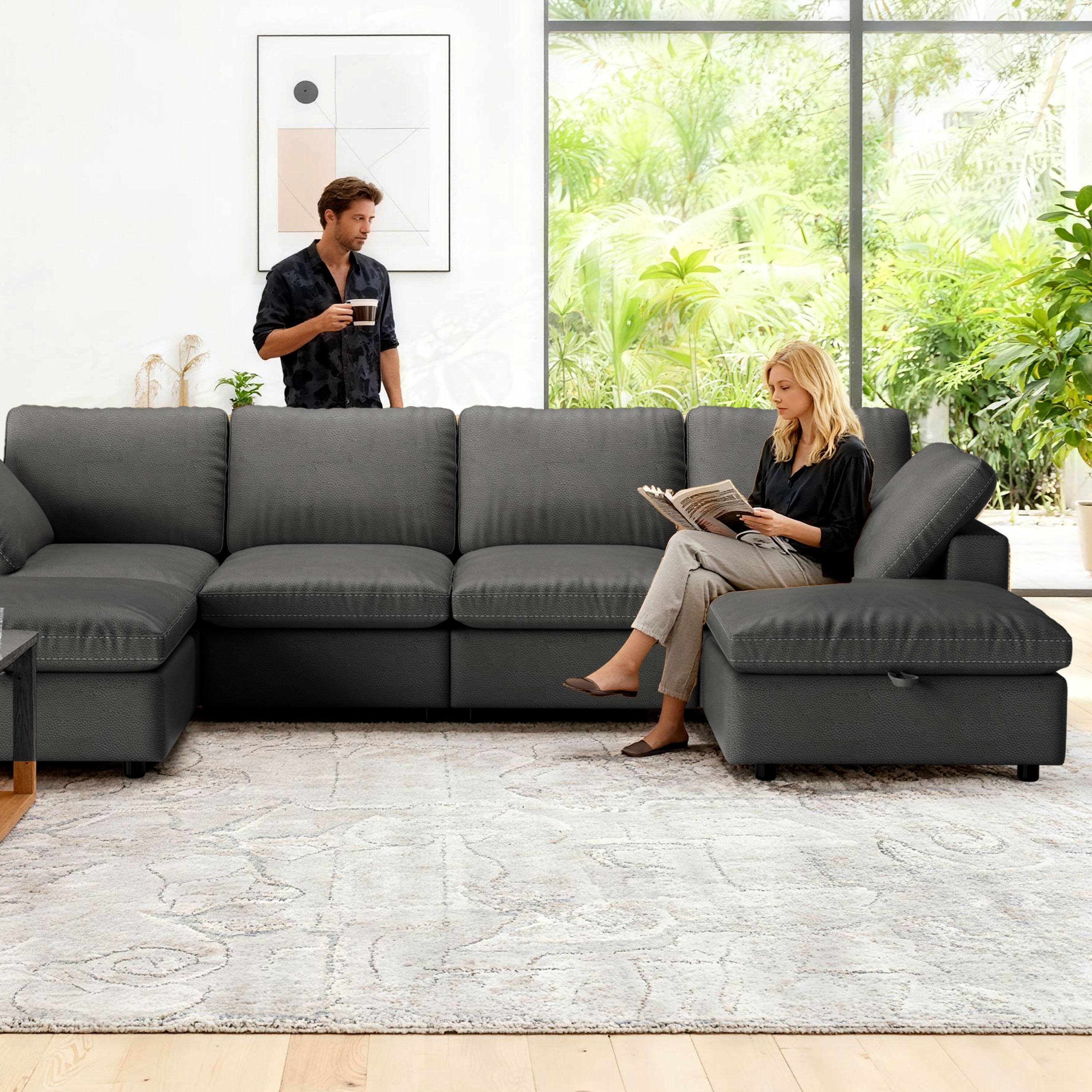 Alt View 3. Dyonery - Dyonery cat paw leather sofa, 4-seat 130-inch large combination sofa, storage stool, widened seat cushion, Grey - Grey.