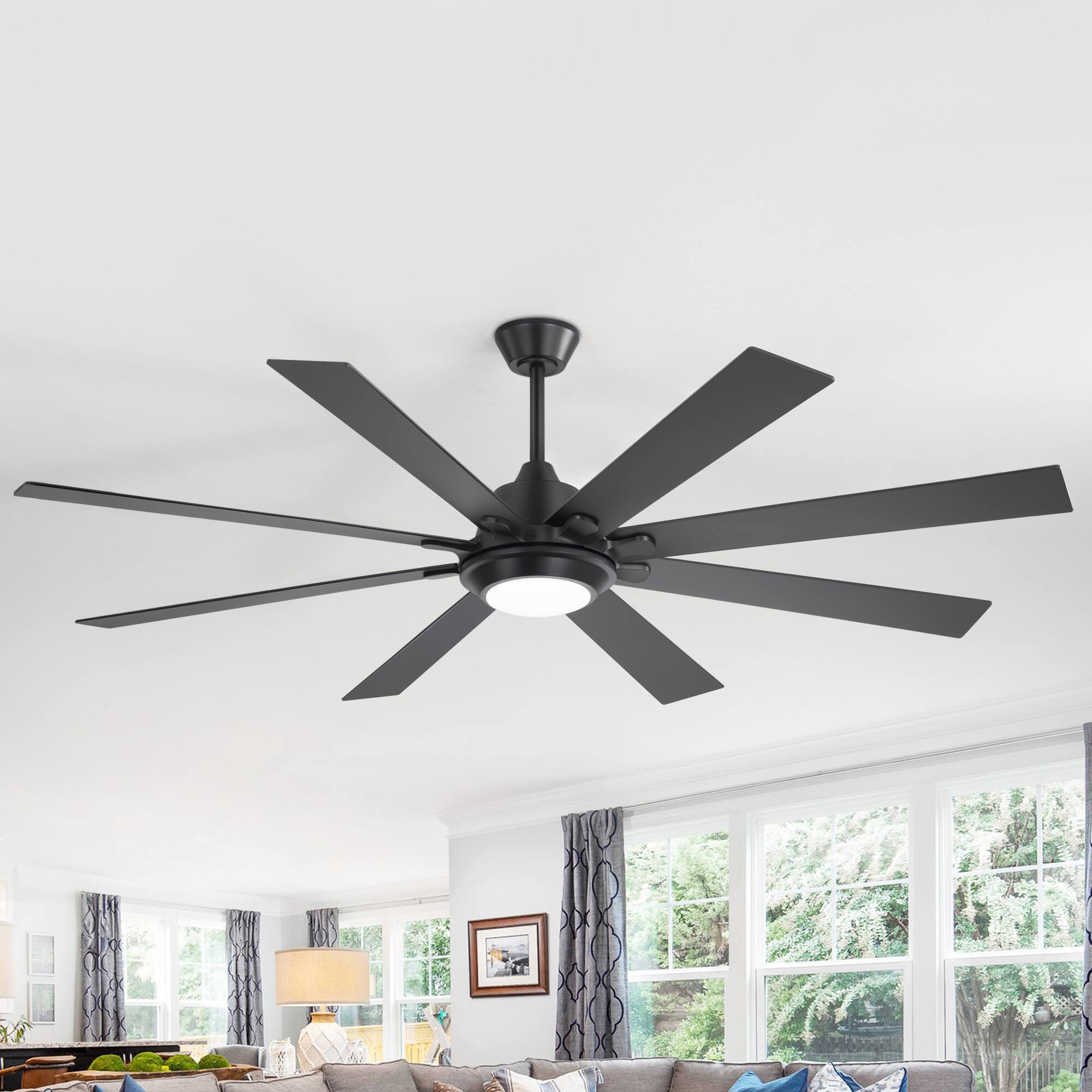 Back. Breezary - 65-Inch Ceiling Fan with 8 Plywood Blades, DC Motor, 6-Speed Remote Control, 3 Color Light, Timer & Memory - Matte Black.