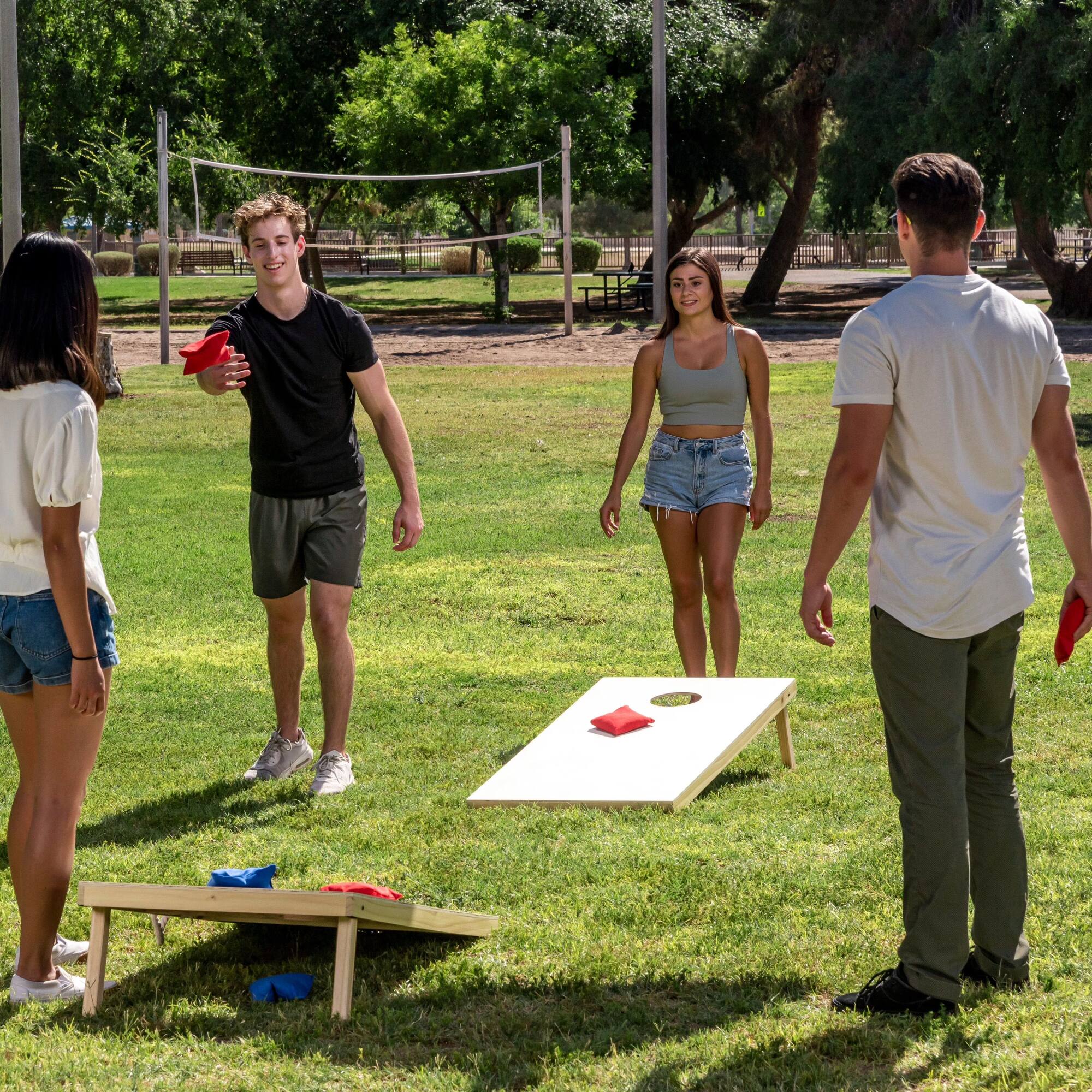 Back. Joyfy - 16Pcs Cornhole Bags for Tossing, 4.7” x 4.7” Bean Bags Toss Game Set, Outside Lawn Yard Party Game for Kids & Adults.