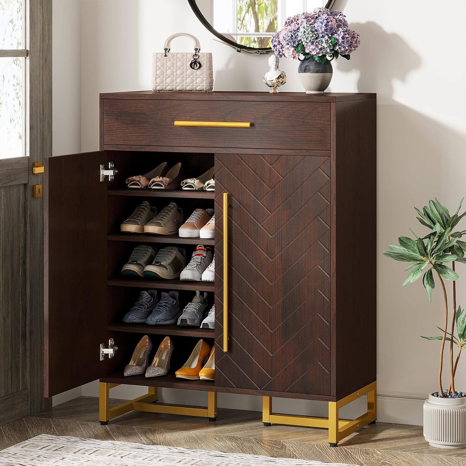 Alt View 1. TinyHomie - 31.5 inches Walnut and Gold Wooden Shoe Storage Cabinet with Doors - Dark Walnut.