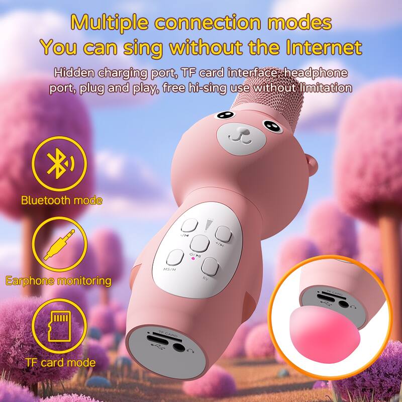 Multiple connection modes  
You can sing without the Internet  

Hidden charging port, TF card interface, headphone port, plug and play, free hi-sing use without limitation  

Bluetooth mode  
Earphone monitoring  
TF card mode