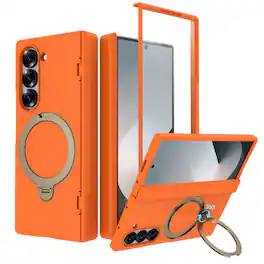 Dteck - Premium Matte Shockproof Case for Samsung Galaxy Z Fold6 with Integrated Hinge Coverage,Rugged Ring Kickstand Cover - Orange