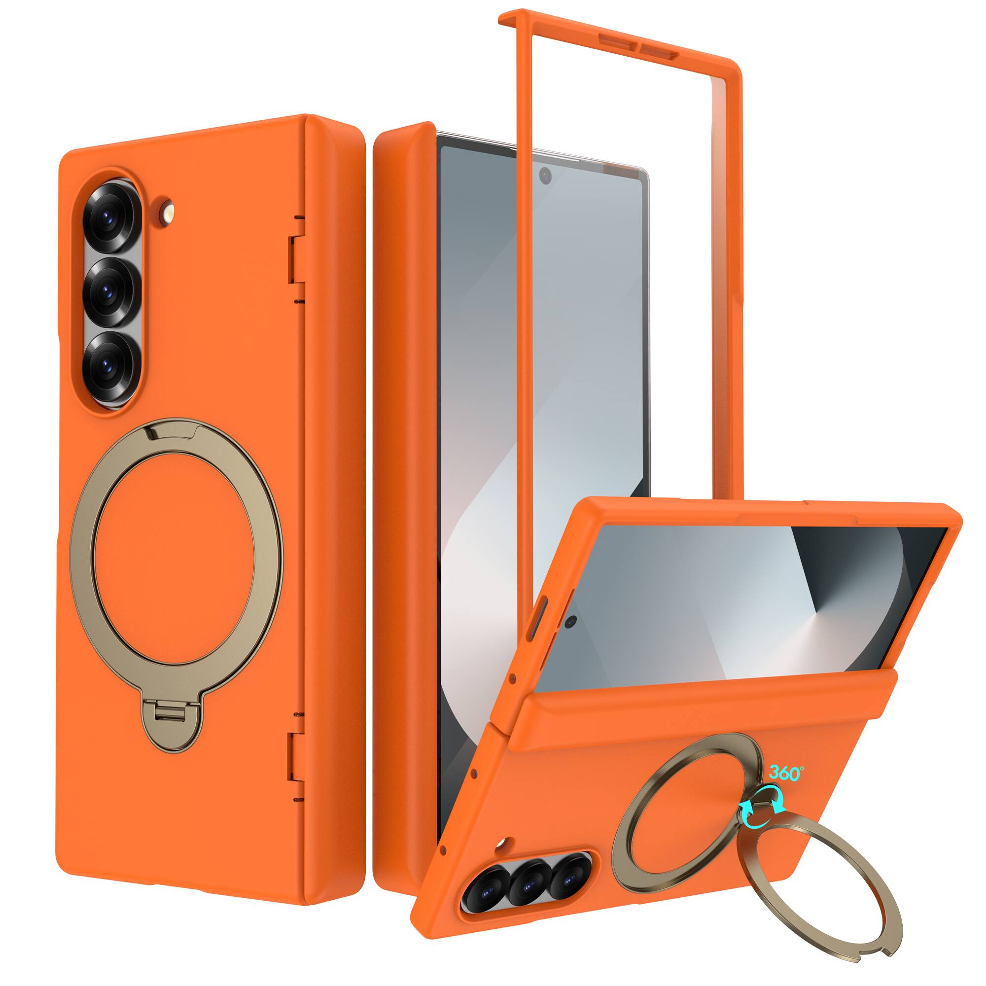 Dteck - Premium Matte Shockproof Case for Samsung Galaxy Z Fold6 with Integrated Hinge Coverage,Rugged Ring Kickstand Cover - Orange
