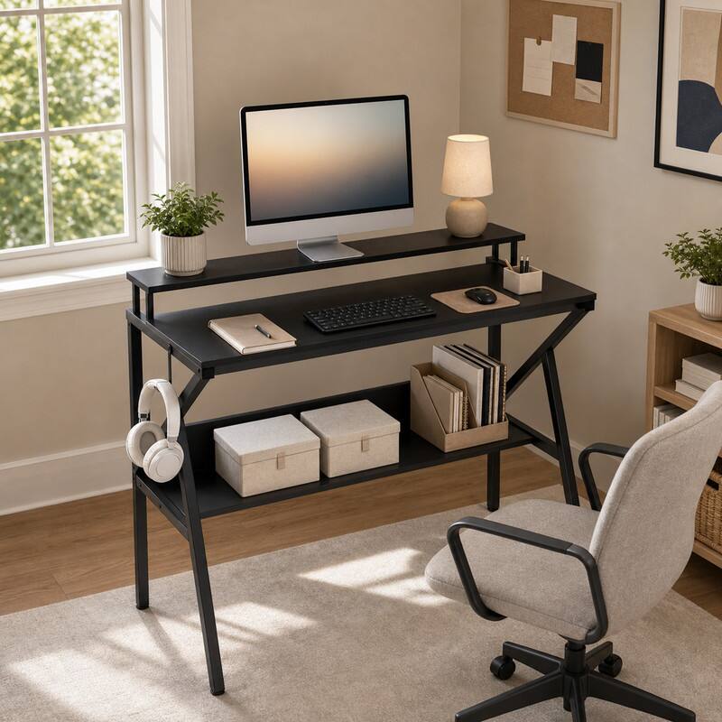 Angle. WELLFOR - 39.5 " Modern Computer Desk with Monitor Stand & Storage Shelf, Small Gaming Desk for Home Office - Black.