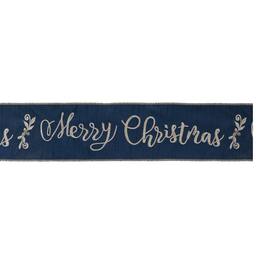 BreeBe - Embroidered Merry Christmas Wired Ribbon 4" x 5 Yds - Blue, Gold