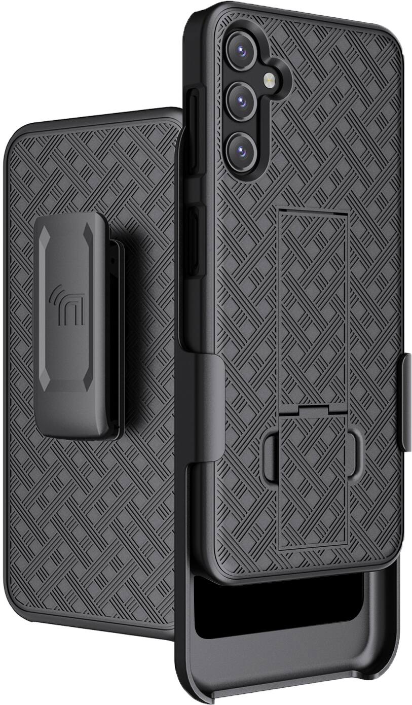 Front. Nakedcellphone - Case with Stand and Belt Clip Holster for Samsung Galaxy A14 5G - Black.