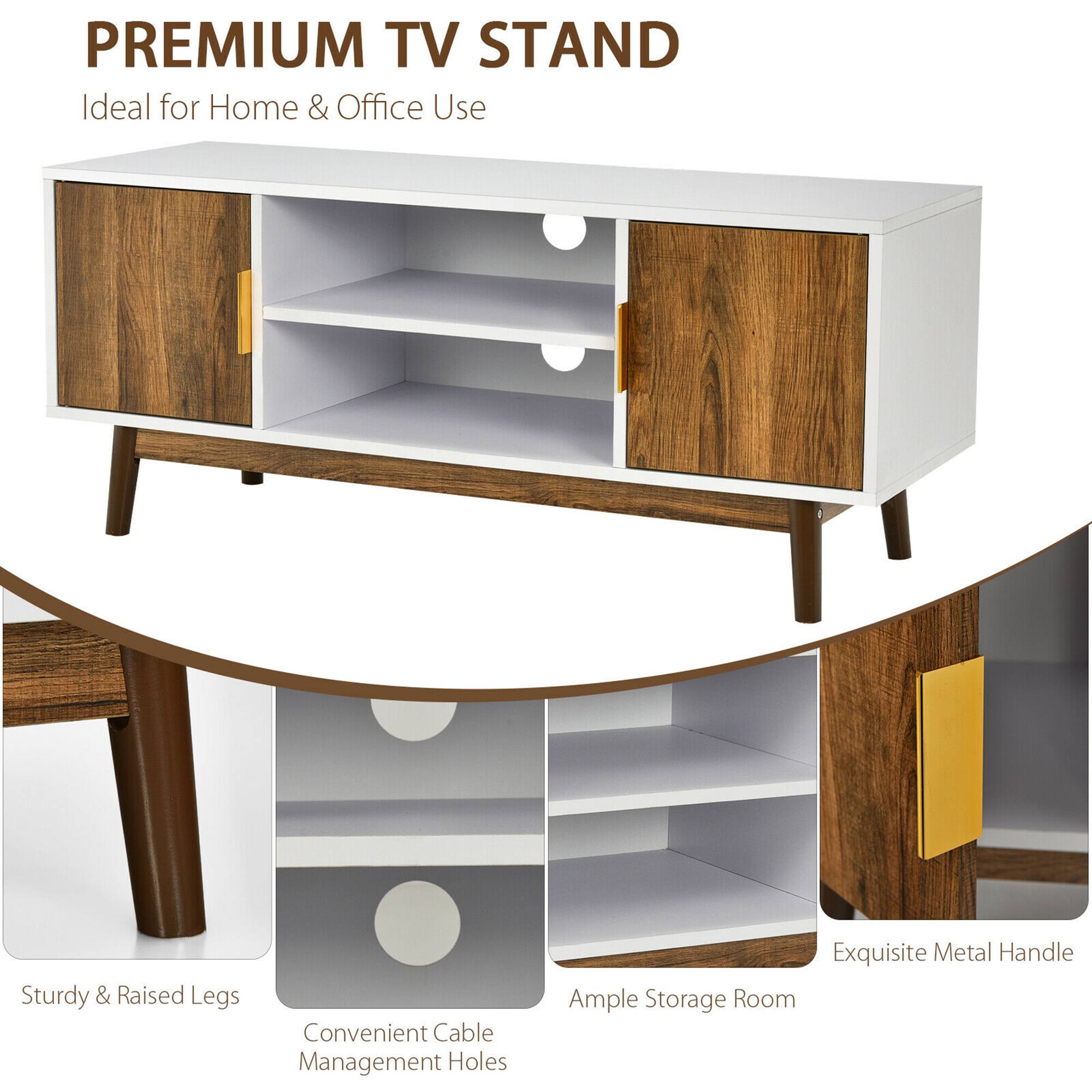 Premium TV Stand Ideal for Home & Office Use Sturdy & Raised Legs Convenient Cable Management Holes Exquisite Metal Handle Ample Storage Room