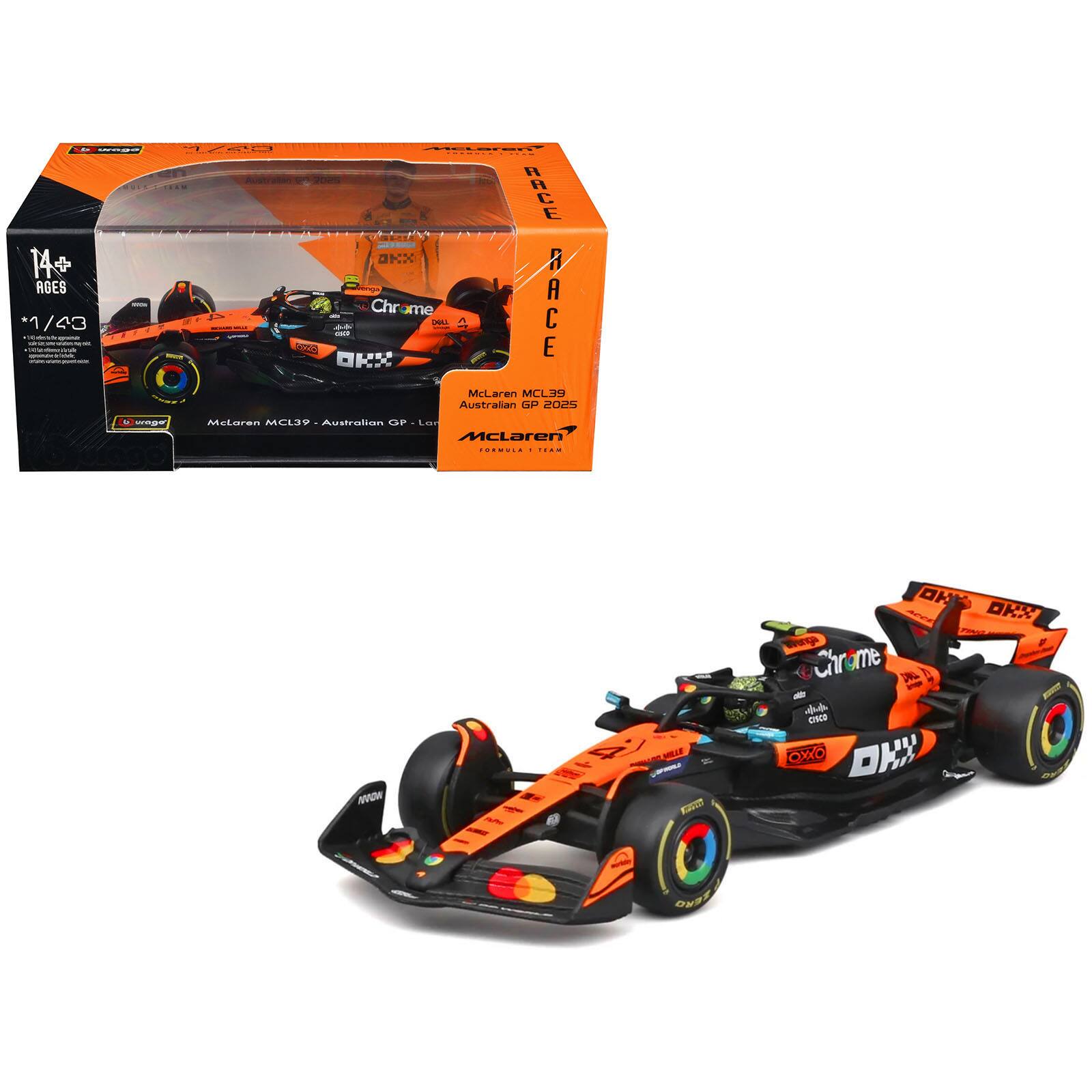 McLaren MCL39 #4 Lando Norris Winner F1 "Australian GP" (2025) with Display Case "Race" Series 1/43 Model Car by Bburago