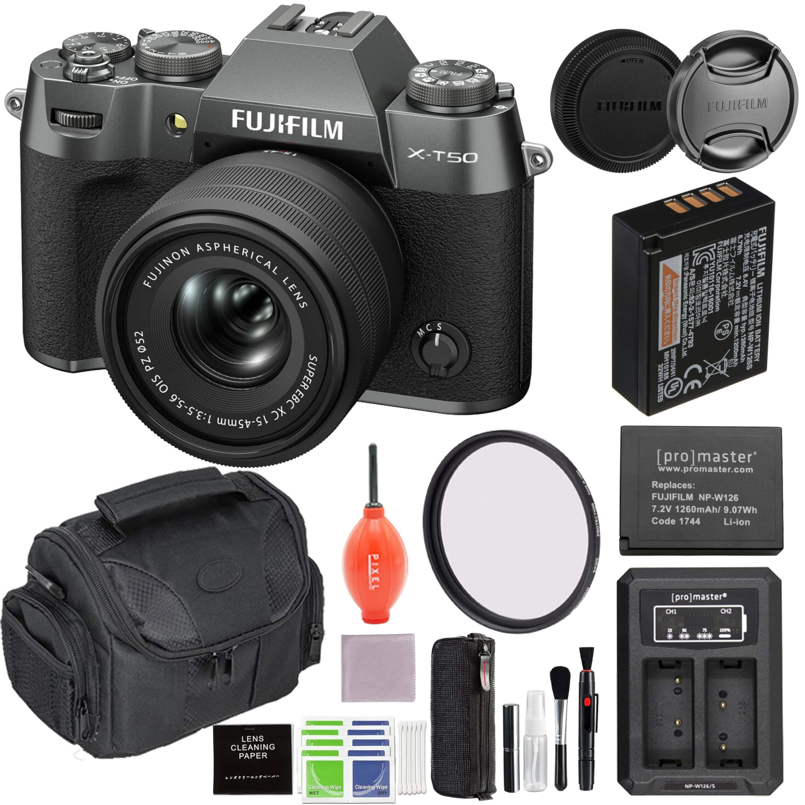 Fujifilm - X-T50 Mirrorless Camera with XF 16-50mm Lens (Charcoal) Bundle with 58MM Filter, Extra Battery, Charger & More