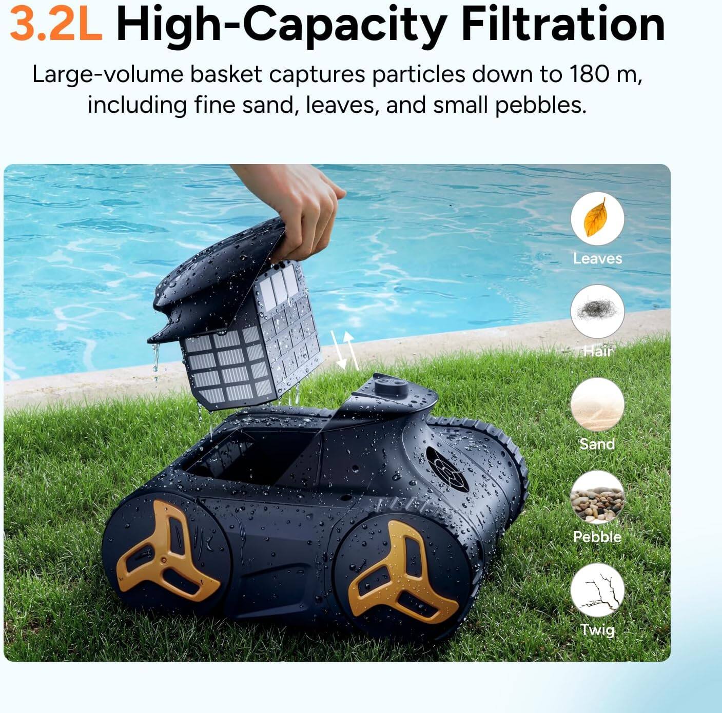 3.2L High-Capacity Filtration

Large-volume basket captures particles down to 180 m, including fine sand, leaves, and small pebbles.

Leaves
Hair
Sand
Pebble
Twig