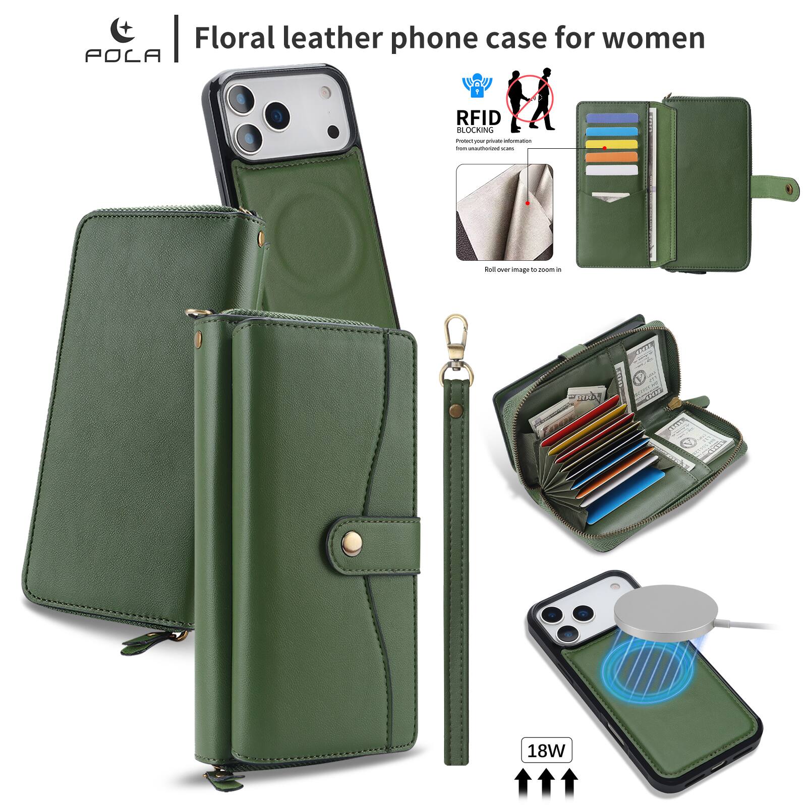 Floral leather phone case for women  
POLA  
RFID BLOCKING  
Protect your private information from unauthorized cm  
Roll over image to zoom in  
18W