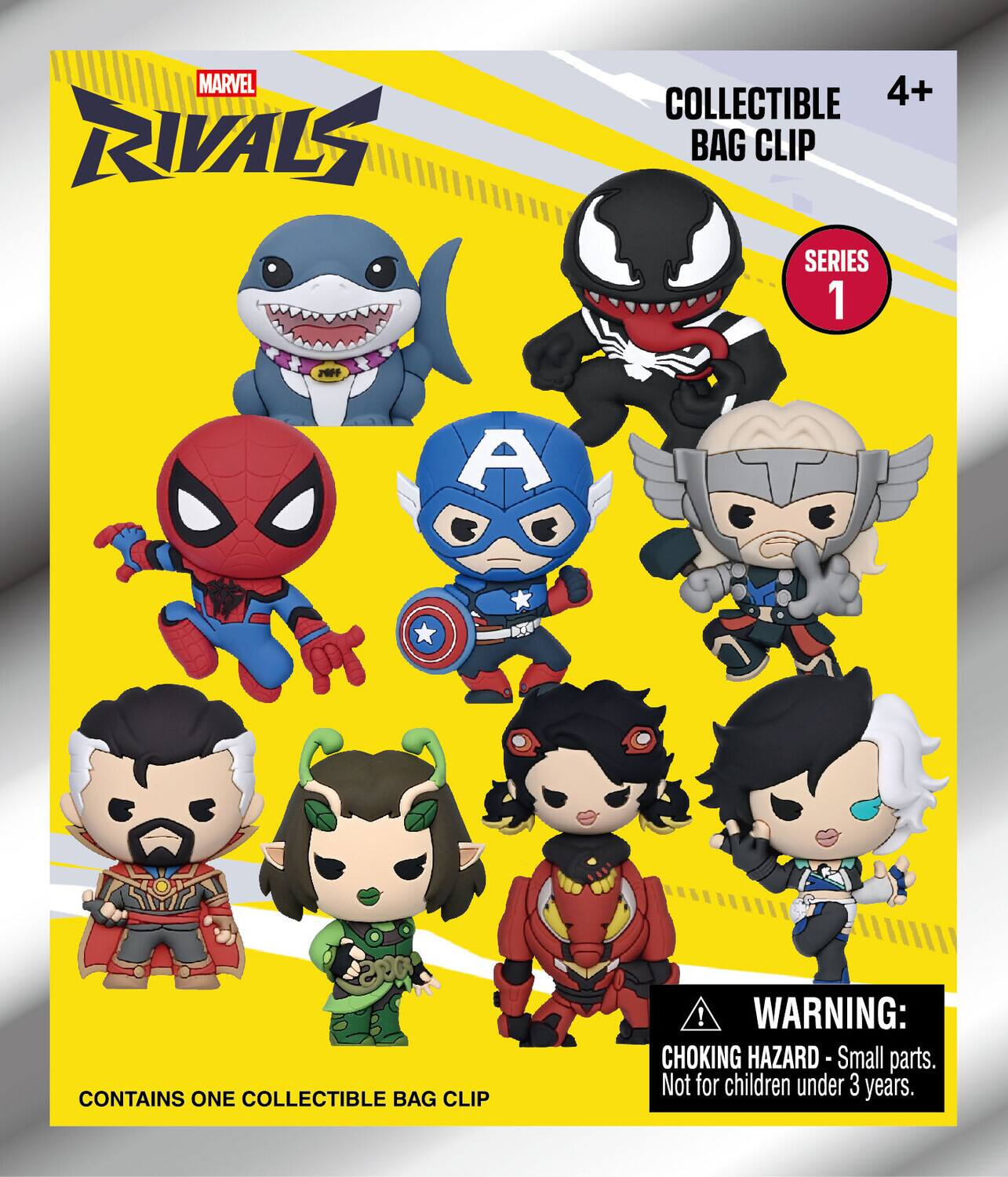 MARVEL RIVALS COLLECTIBLE 4+ BAG CLIP SERIES 1 A CONTAINS ONE COLLECTIBLE BAG CLIP! WARNING: CHOKING HAZARD - Small parts. Not for children under 3 years.