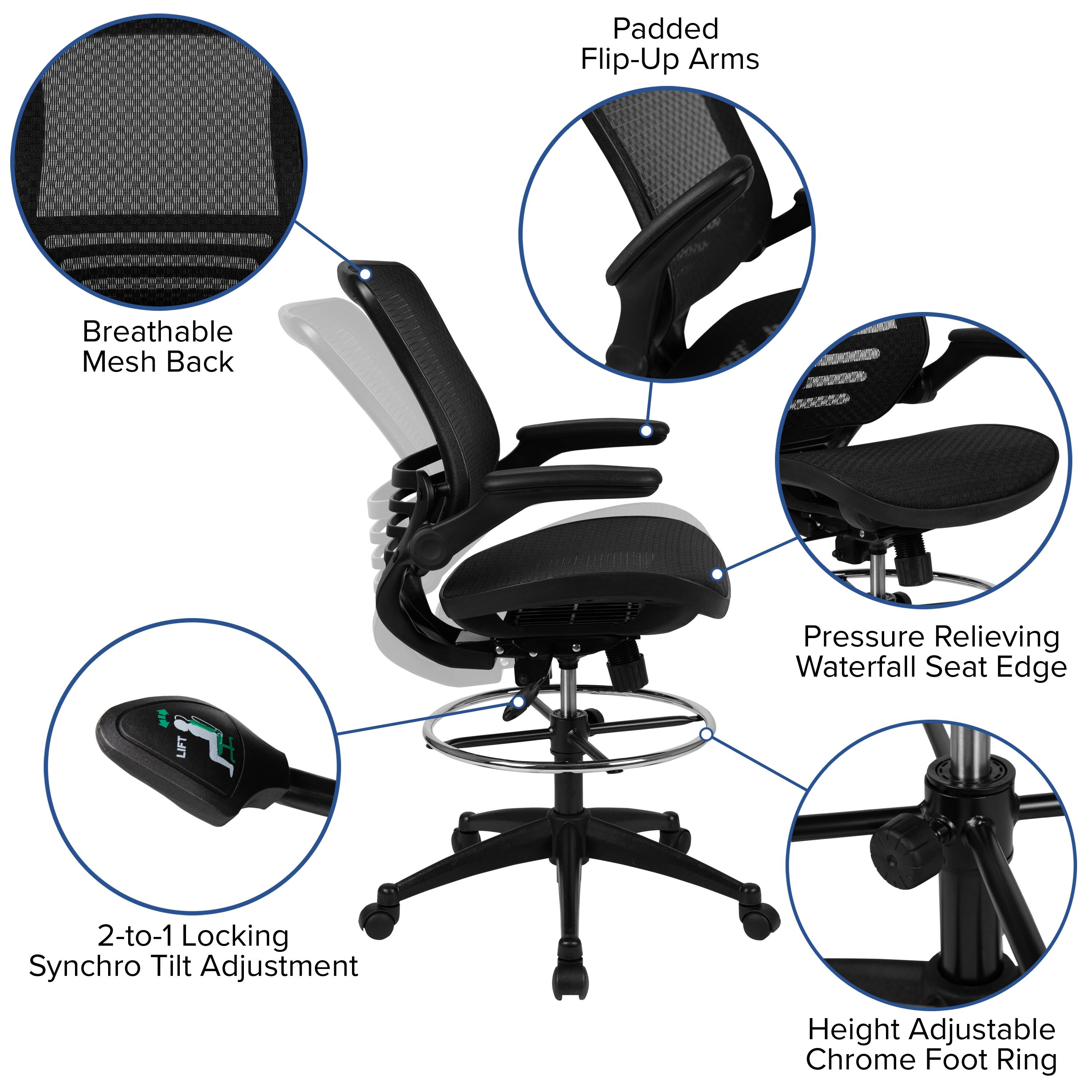 - Padded Flip-Up Arms
- Breathable Mesh Back
- Pressure Relieving Waterfall Seat Edge
- LIFT 2-to-1 Locking Synchro Tilt Adjustment
- Height Adjustable Chrome Foot Ring