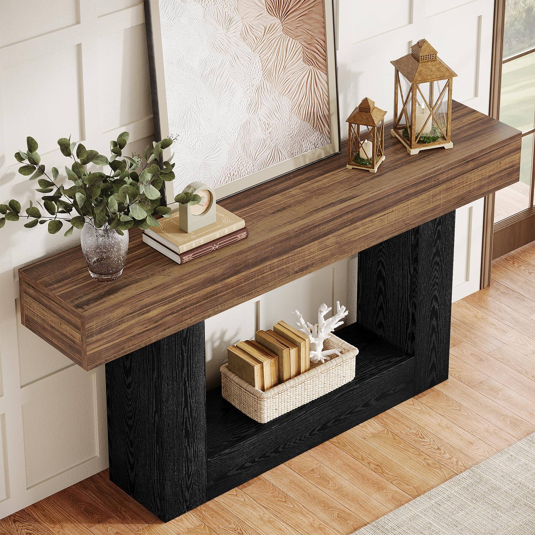 Left. Tribesigns - 63-Inch Farmhouse TV Stand with Two-Tone Wood-Grain Finish and Open Storage for TVs up to 65 Inches - Brown & Black.