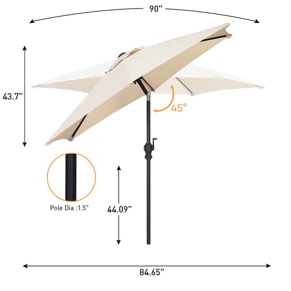 - 90"
- 43.7"
- 44.09"
- 84.65"
- Pole Dia: 1.5"
- 45°