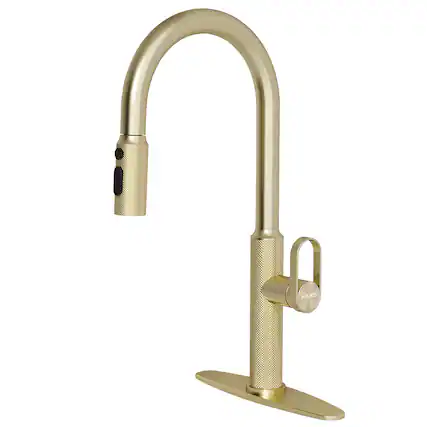 Front. ENZE - Kitchen Faucet with Pull-Down Sprayer 3 Spray Modes Single Handle High Arc Sink Faucet for Kitchen RV Laundry and Bar - Gold.