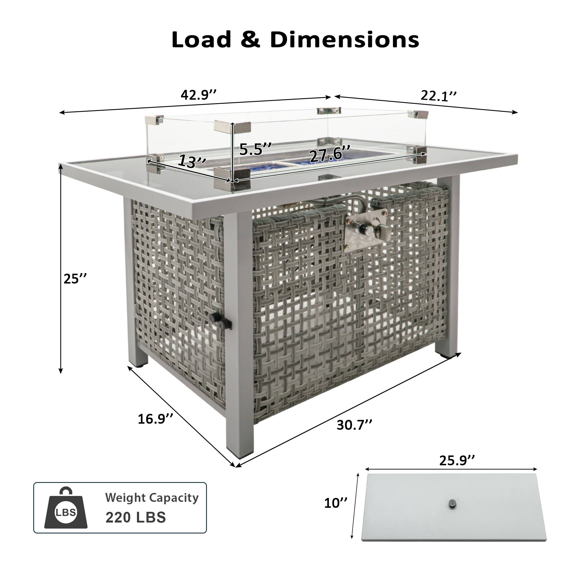 Load & Dimensions

- Length: 42.9"
- Width: 22.1"
- Height: 25"
- Top Surface Depth: 27.6"
- Side Height: 13"
- Front to Back Depth: 30.7"
- Bottom Shelf Width: 25.9"
- Bottom Shelf Height: 10"
- Bottom Shelf Depth: 16.9"

Weight Capacity: 220 LBS