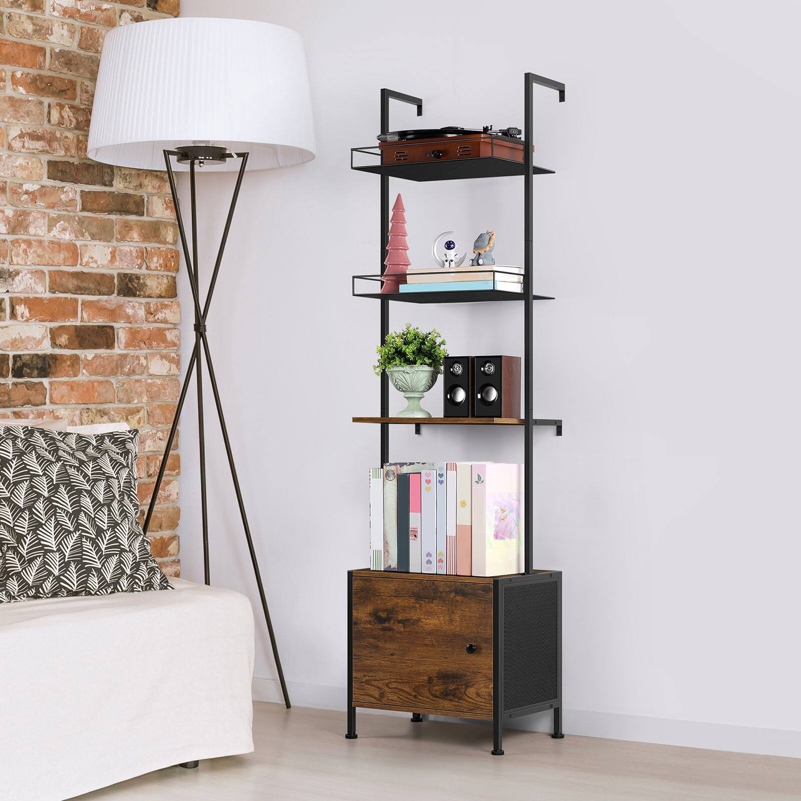 Alt View 1. Oumilen - 4-Tier Ladder Style Storage Shelf with Lockable Cabinet, Matte Black Metal Frame Dark Ash Wood Grain Display Rack, Brown - Brown.