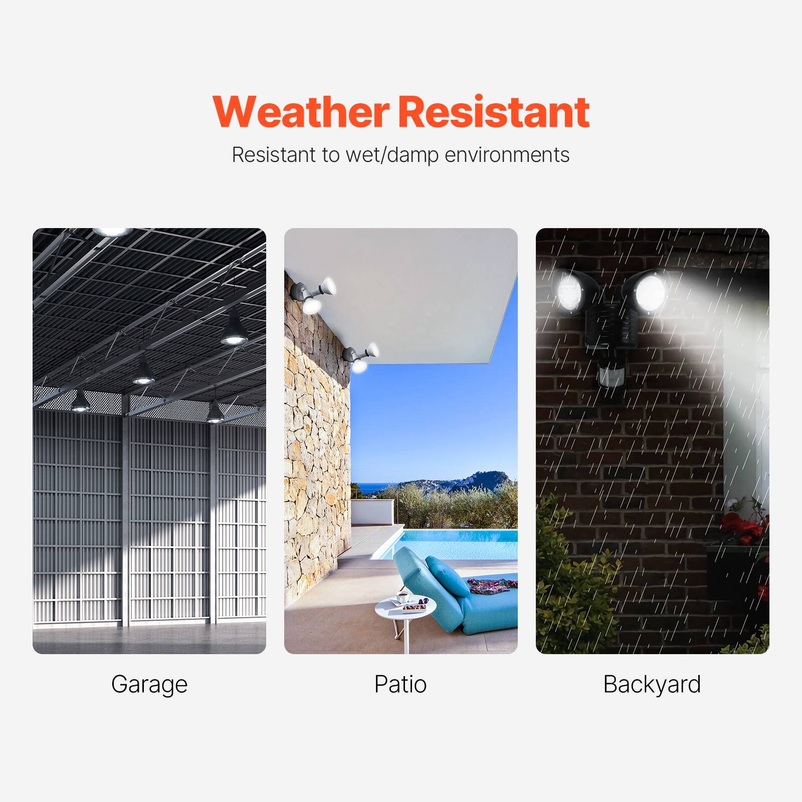 Weather Resistant  
Resistant to wet/damp environments  

Garage  
Patio  
Backyard