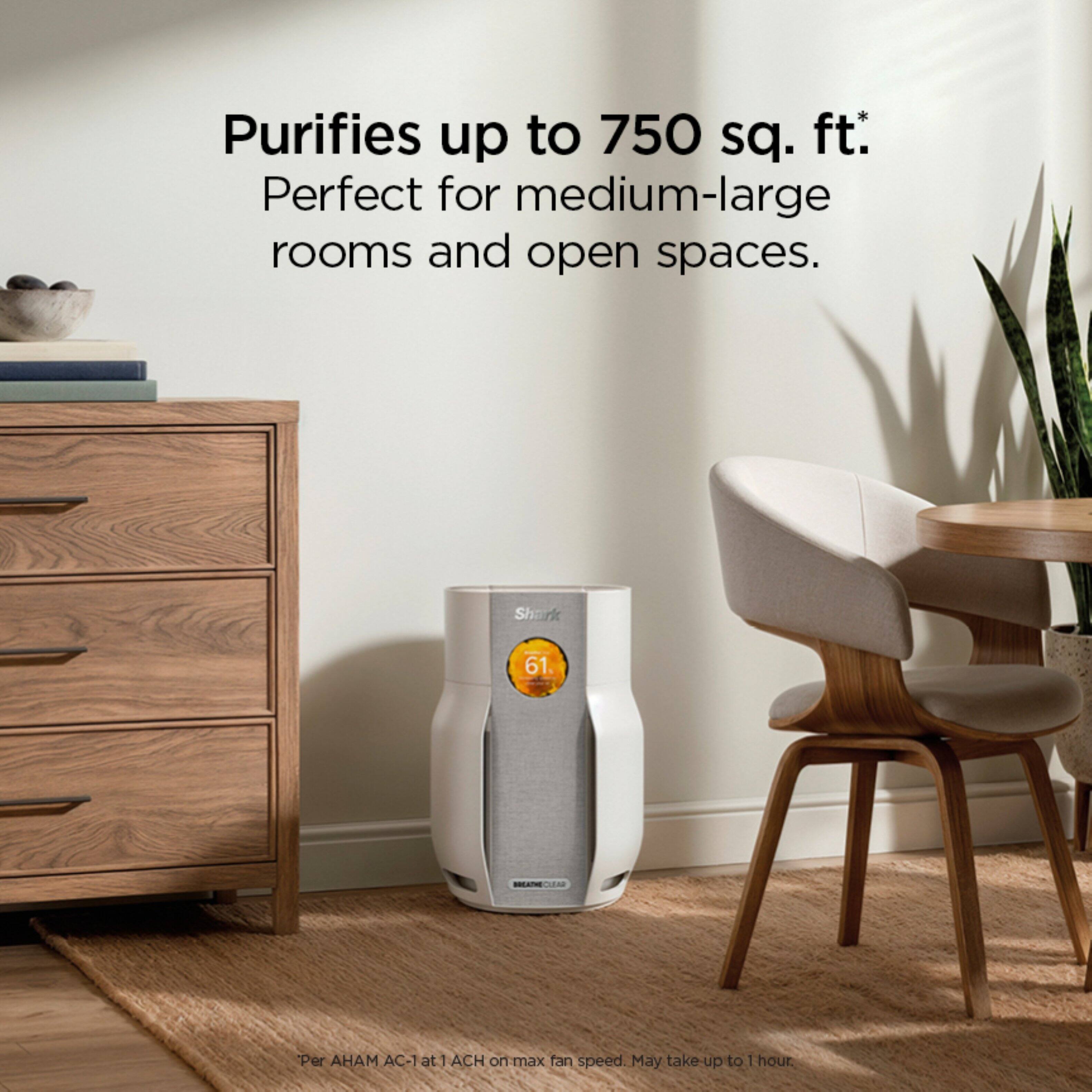 Purifies up to 750 sq. ft.  
Perfect for medium-large rooms and open spaces.  

Shark 61.  

Per AHAM AC-1 at 1 ACH on max fan speed. May take up to 1 hour.
