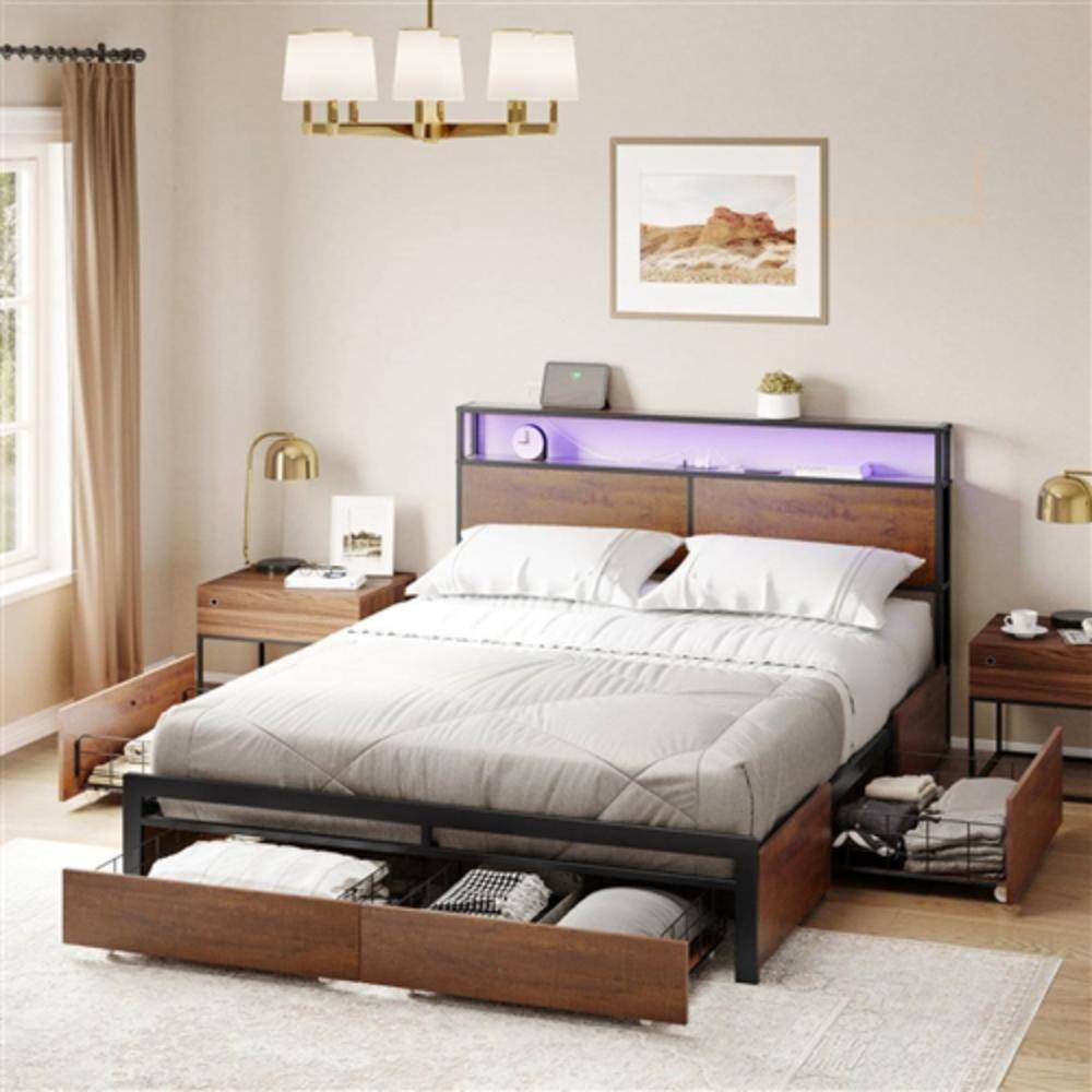 Angle. Hivvago - Queen size Platform Bed with Headboard and Storage Drawers in Brown Wood Finish - Brown.