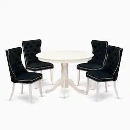 East West Furniture - 5 Piece Dining Room Table Set Consists of a Round Wooden Table with Pedestal - Linen White