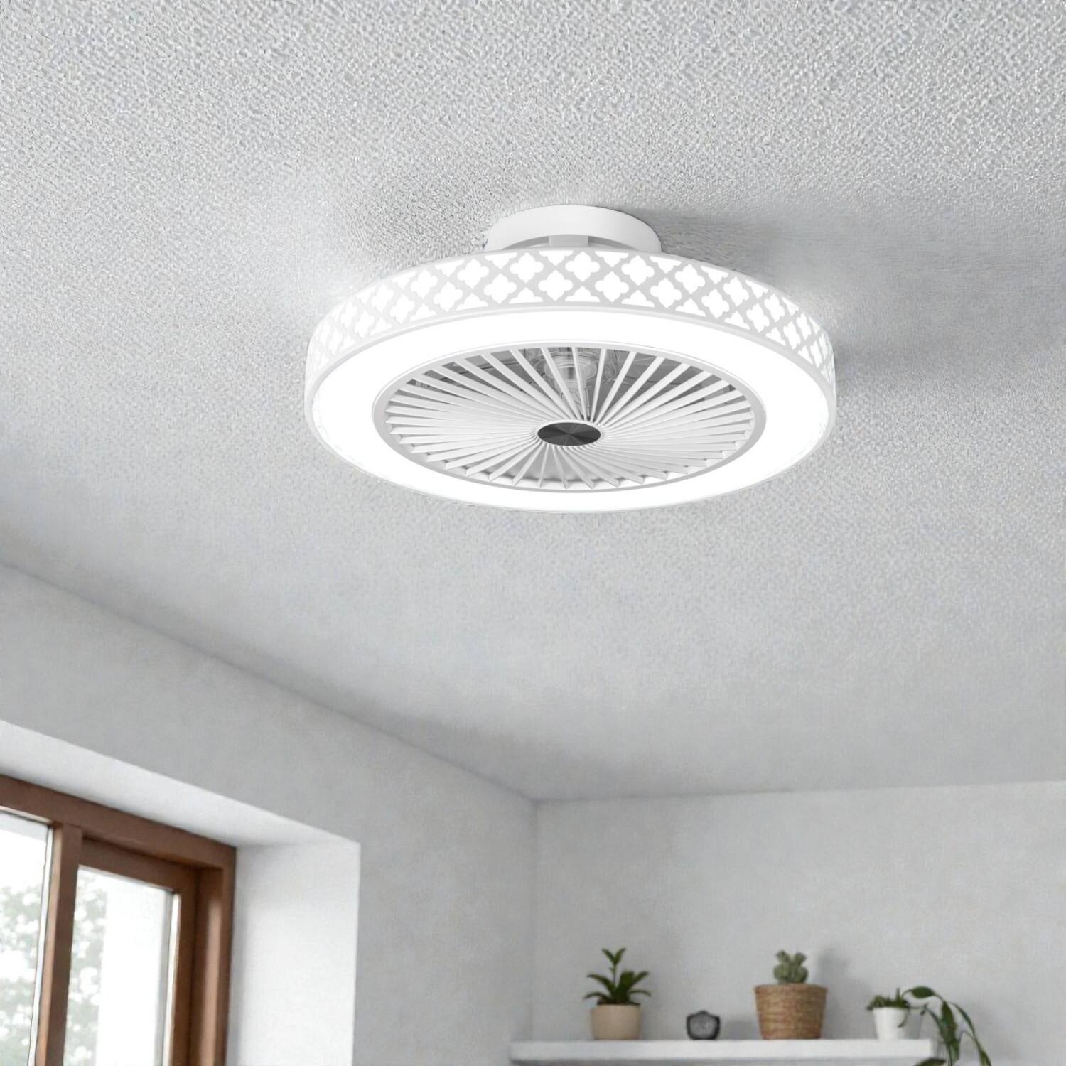 Front. BreeBe - 19" Modern Flush Ceiling Fan with LED Illumination - White.