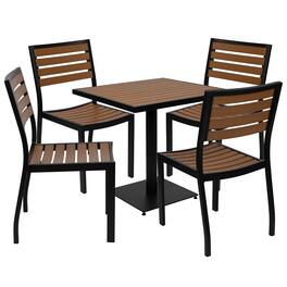 Emma + Oliver - Outdoor Patio Bistro Dining Table Set with 4 Chairs and Faux Poly Slats - Teak