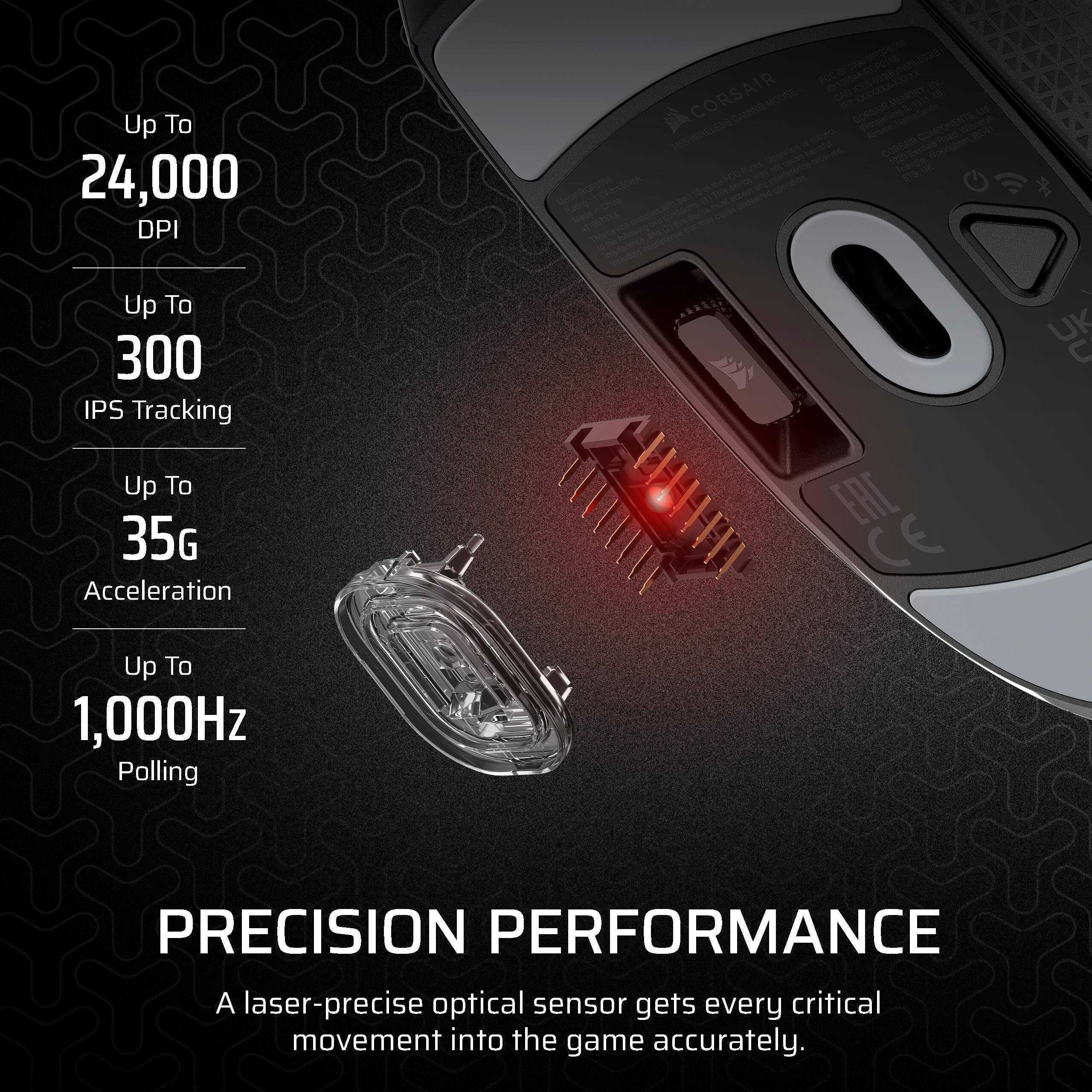 Up to 24,000 DPI - d - a - d CORSAIR VOUN d - d w UCo - d s CONAR e d - e CONSONETE - 10 a e C e e 1 1 ete d - oe ee ae - 10 - - - - Up to 300 IPS Tracking - Up to 35G Acceleration - EAC CE - C Up to 1,000Hz Polling - PRECISION PERFORMANCE - A laser-precise optical sensor gets every critical movement into the game accurately.